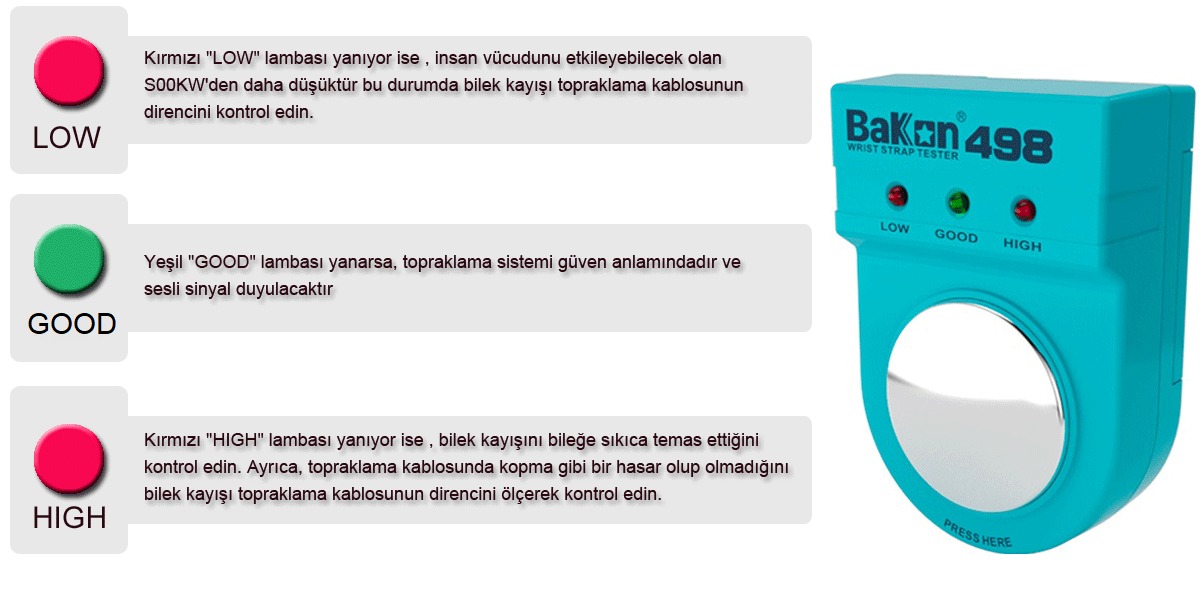 Bakon BK498 ESD Kablolu Bileklik Test Cihazı Talimatları