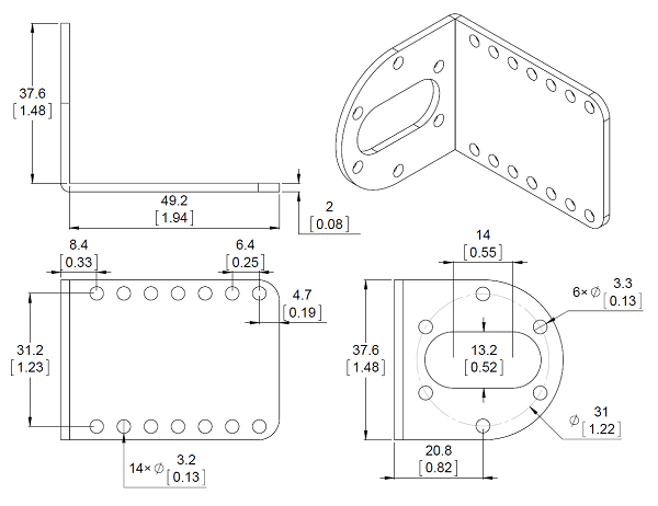 aluminum l type 37d motor holder (Dual) - pl-1084 dimensions