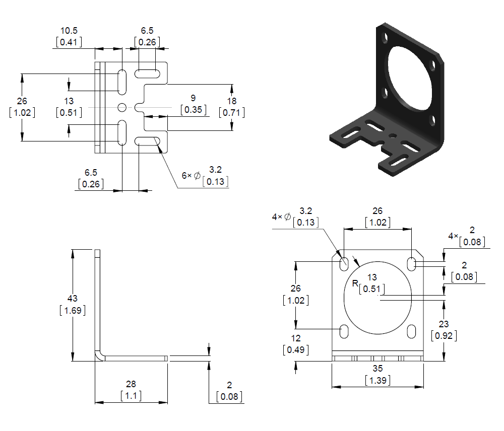 aluminum l type nema 14 stepper motor holder - pl-2257 dimensions