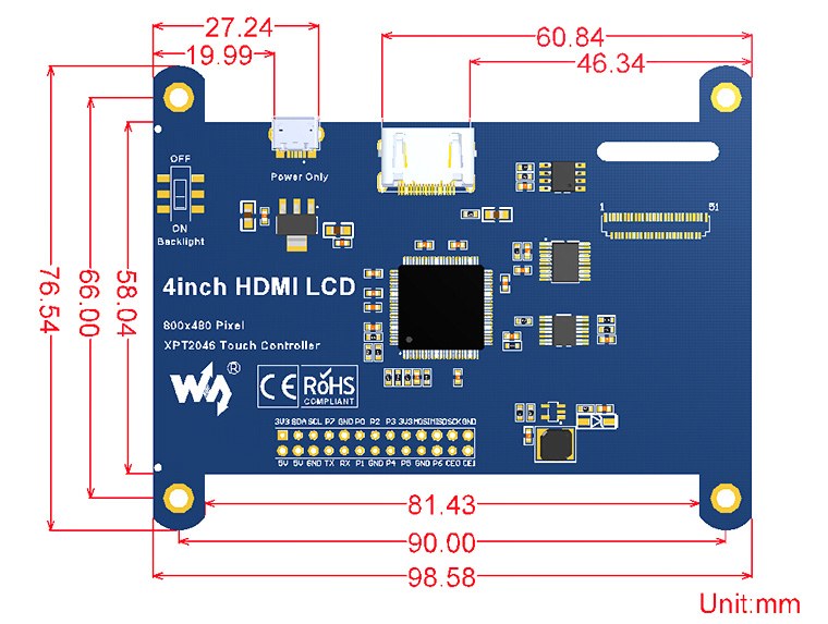 4 inch HDMI Resistive Touch IPS Screen Dimensions