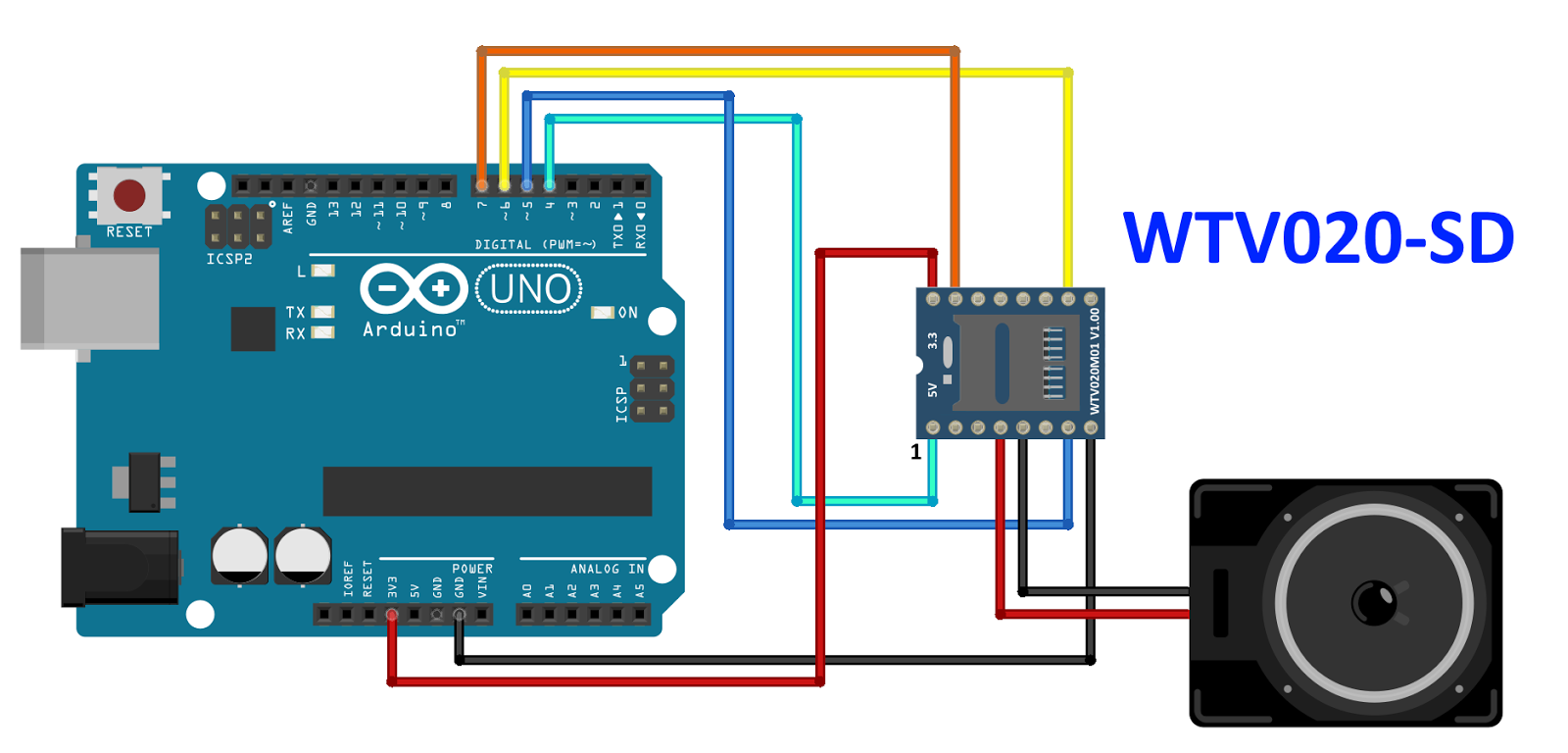 wtv020 mini sd kartlı ses modülü arduino uno bağlantı şeması