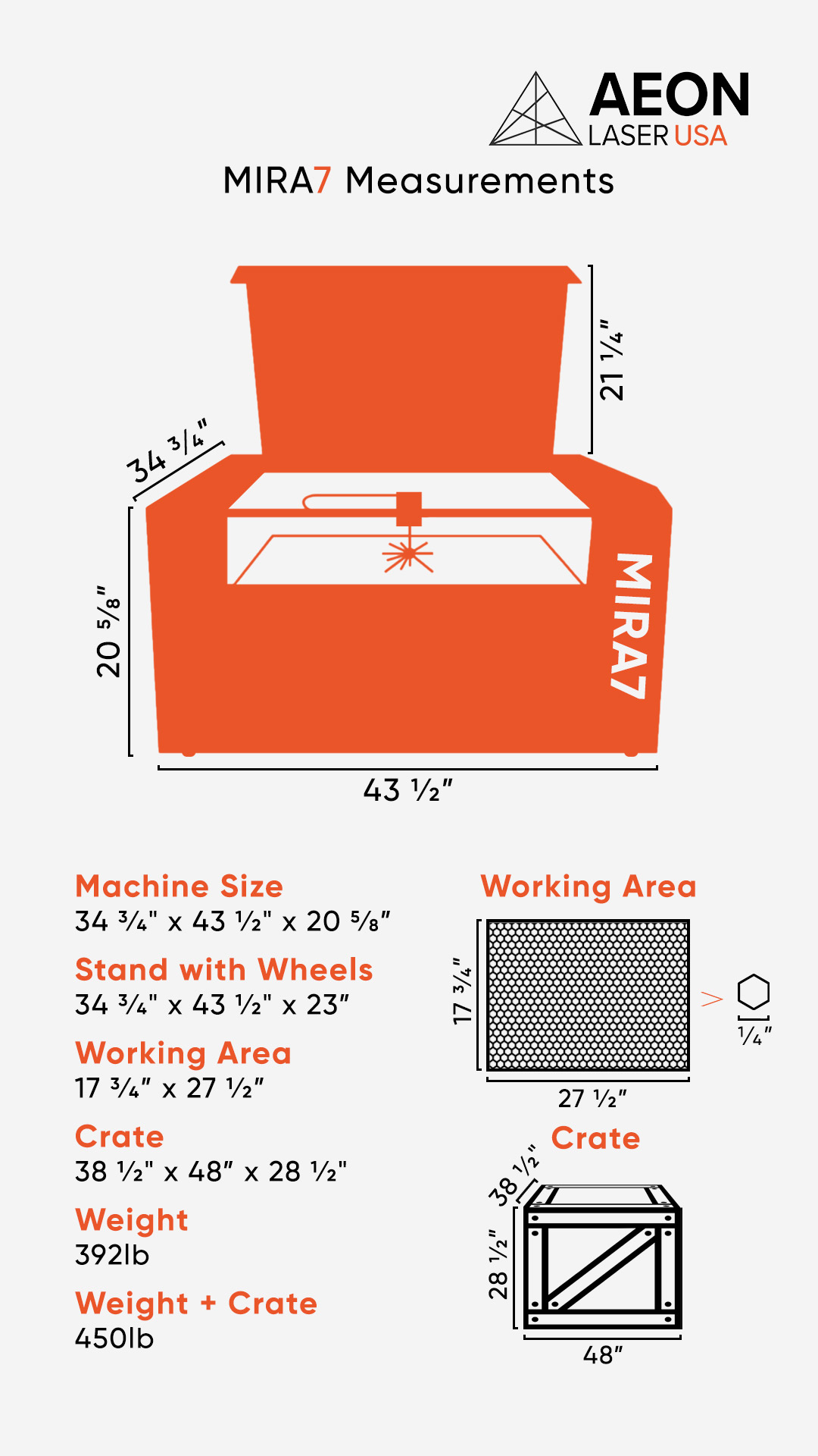 Graphic showing the dimensions of the Aeon MIRA7legacy laser, crate size, and weight info